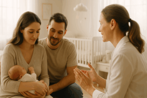 Consultora de amamentação em atendimento profissional a uma família