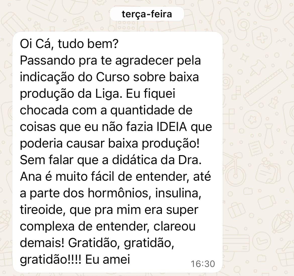 Depoimento de profissional sobre o workshop no WhatsApp